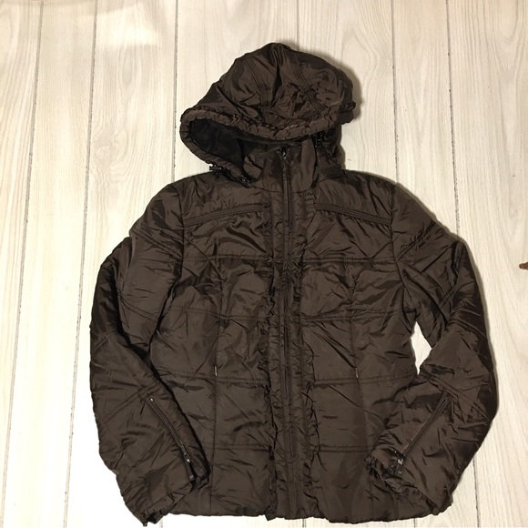Peace Love Chill Dow Puffer Jacket Women Medium Brown Hooded - Picture 1 of 11